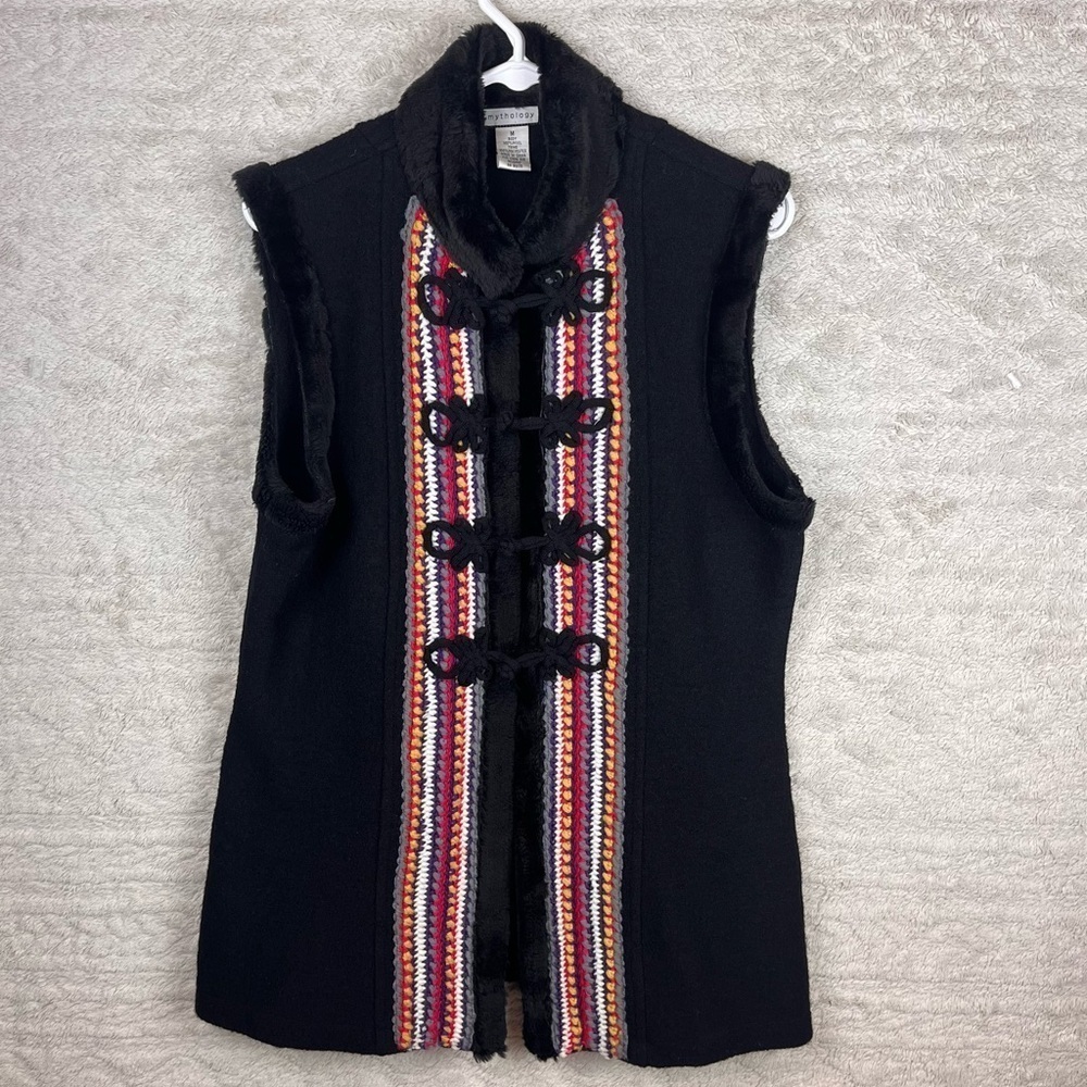 MYTHOLOGY Hippie 100% Wool Faux Fur Trim Vest Boho Hippie Large Scandinavia Knit